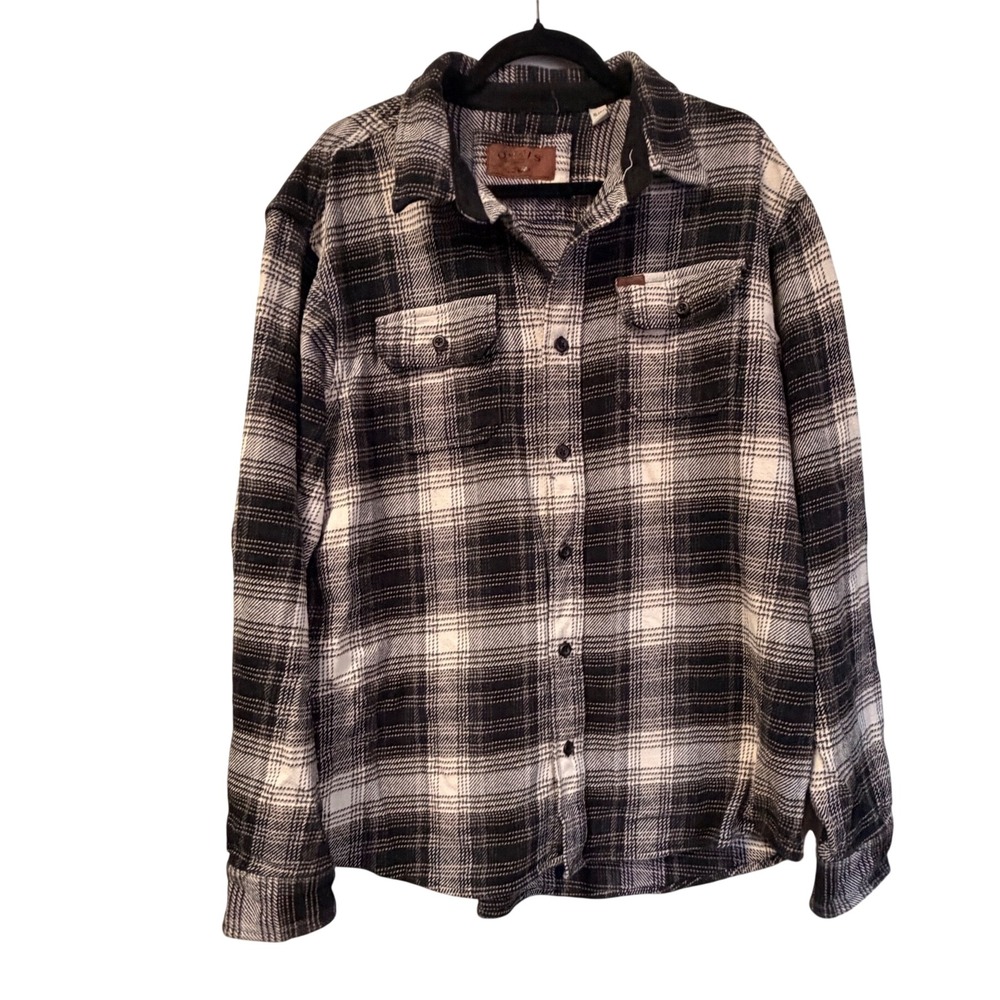 Orvis Mens XL Black White Plaid Flannel Button Down Shirt Side Pockets Heavy
